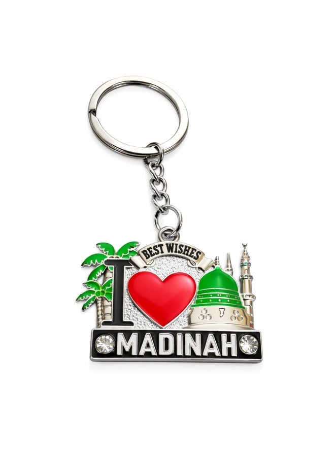 Exclusive ‘I Love Madinah’ Islamic Souvenir Keychain with Stunning Mosque and Palm Tree Design – Beautifully Crafted Silver-Toned Metal Keychain with Vibrant Green and Red Enamel Accents, Best Gift - Image 1